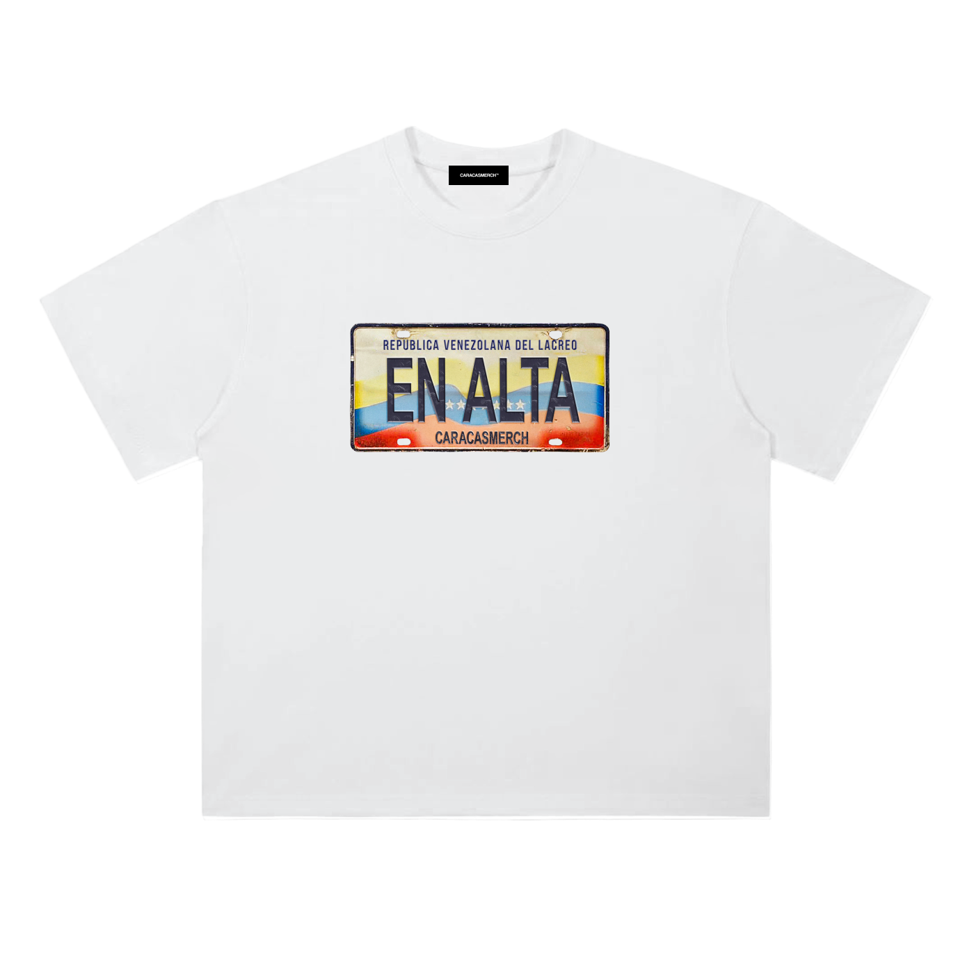 White t-shirt by Caracas Merch featuring En Alta placa de carro graphic inspired by Venezuela