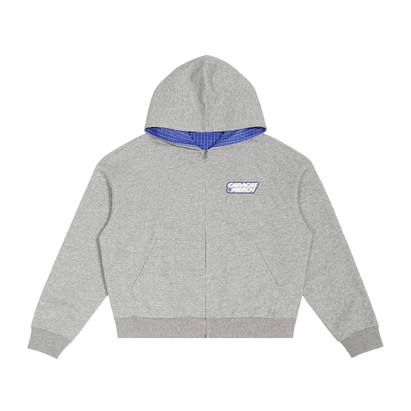 Front view of gray zip-up hoodie by Caracas Merch with blue inner hood lining and DTF logo