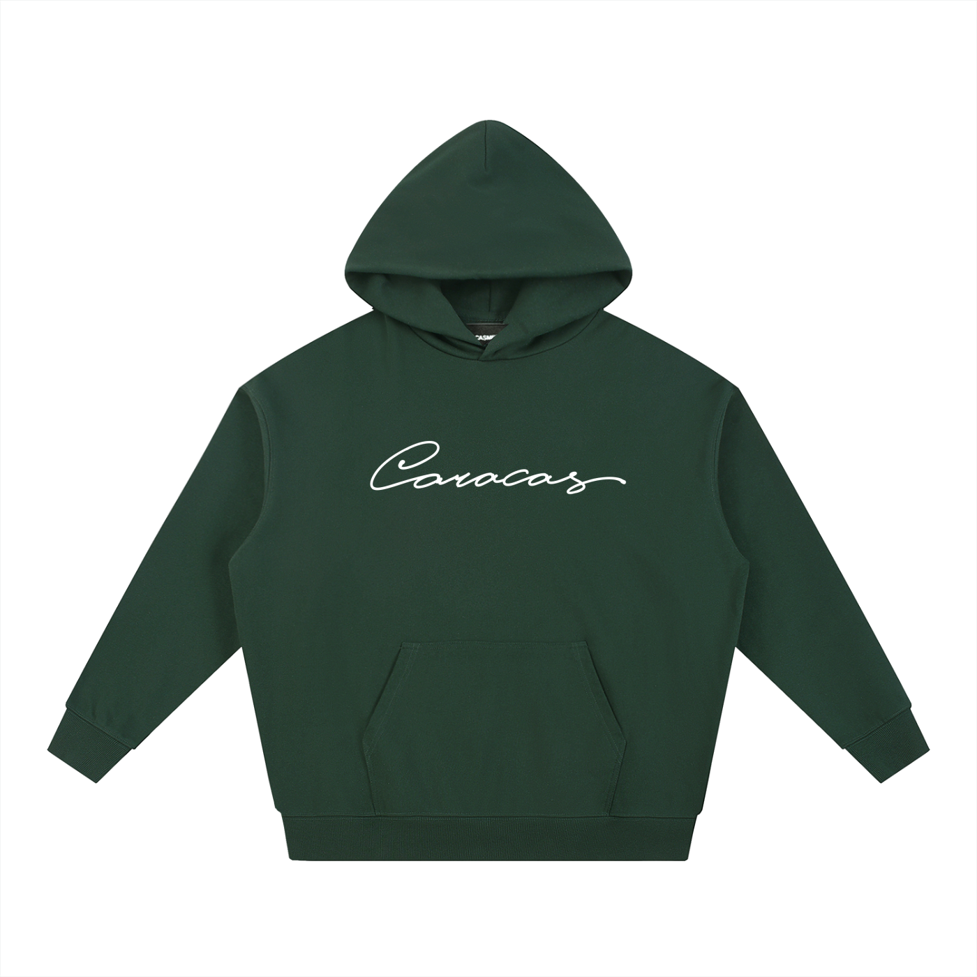 Green Caracas Merch hoodie with white script logo on front