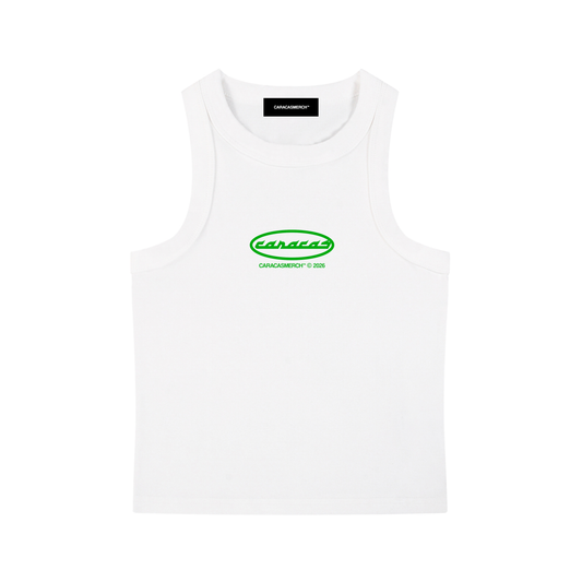 Front view of white sleeveless tank top with green Caracas logo print