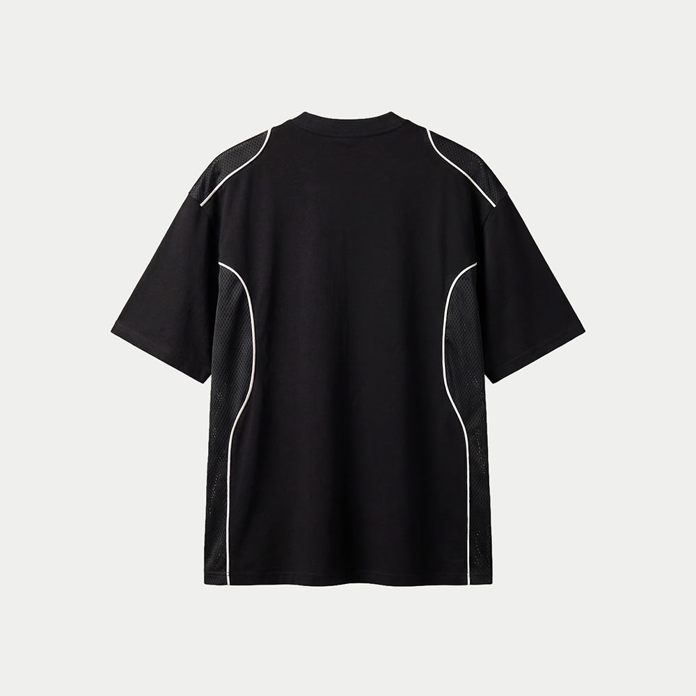 back view of black Caracas Merch performance t-shirt with white piping