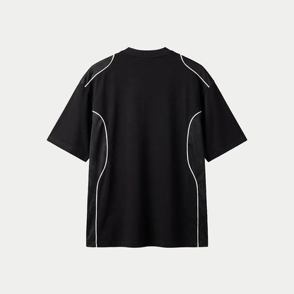 back view of black Caracas Merch performance t-shirt with white piping