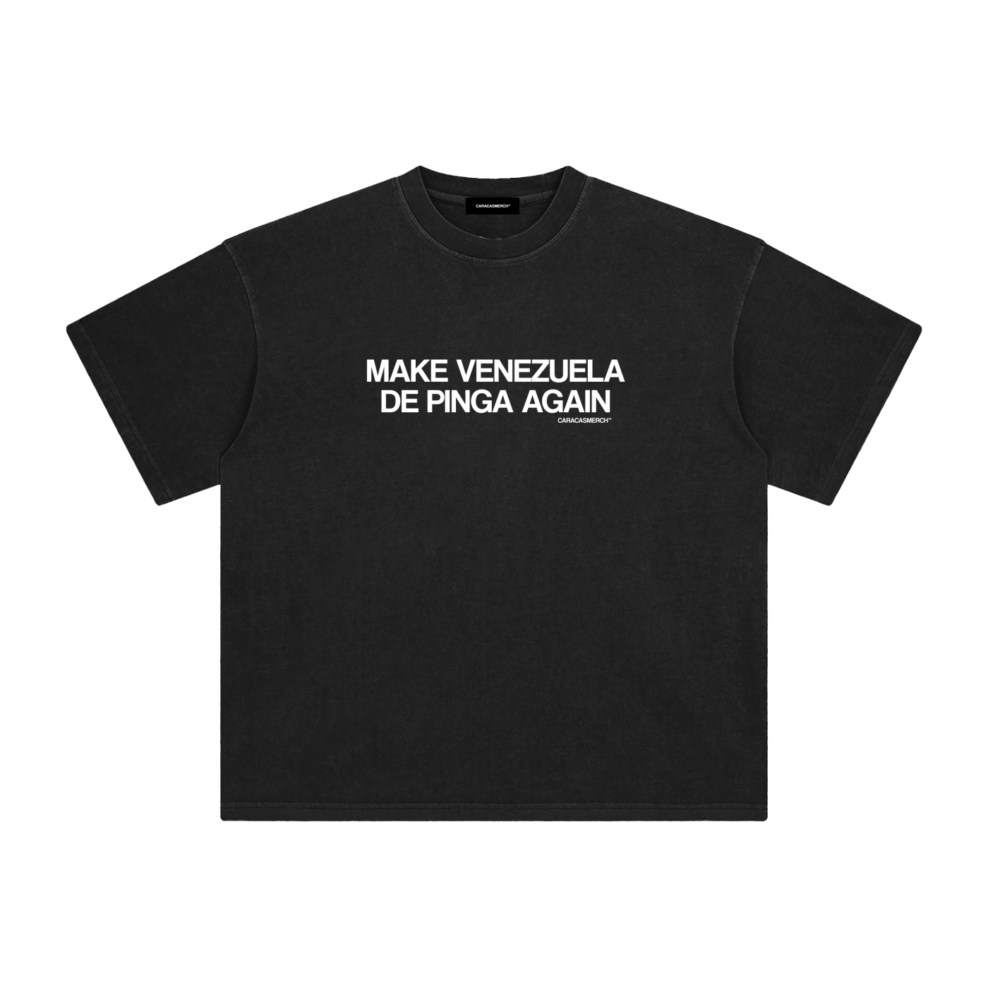 Black t-shirt with white “Make Venezuela De Pinga Again” print by Caracas Merch