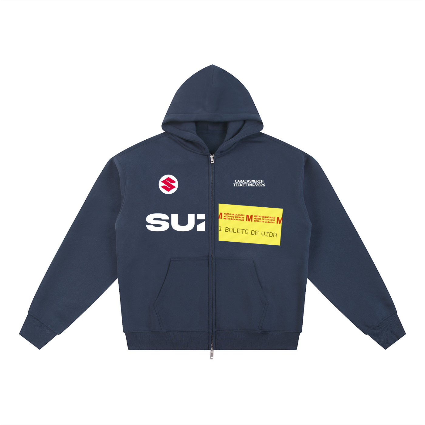 Navy Metro Caracas zip-up hoodie with graphic patches by Caracas Merch