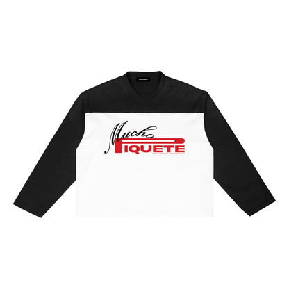 Front view of black and white Mucho piquete long sleeve shirt by Caracas Merch