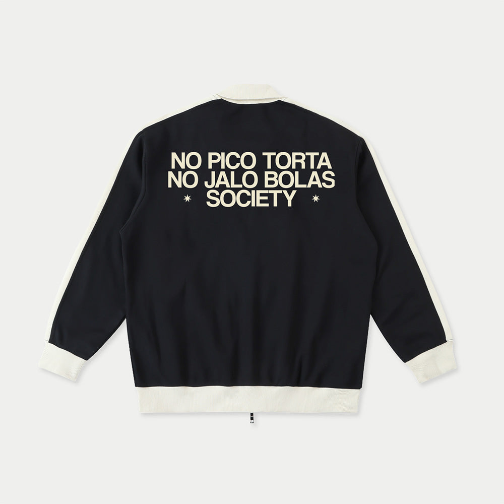 Rear view of navy Caracas Merch jacket with cream “No Pico Torta No Jalo Bolas Society” graphic