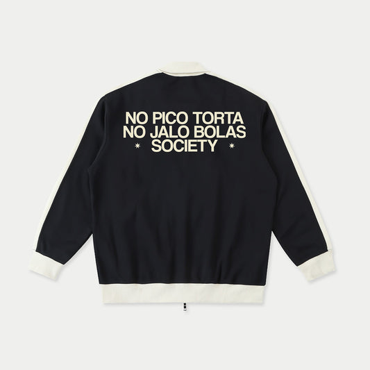 Rear view of navy Caracas Merch jacket with cream “No Pico Torta No Jalo Bolas Society” graphic