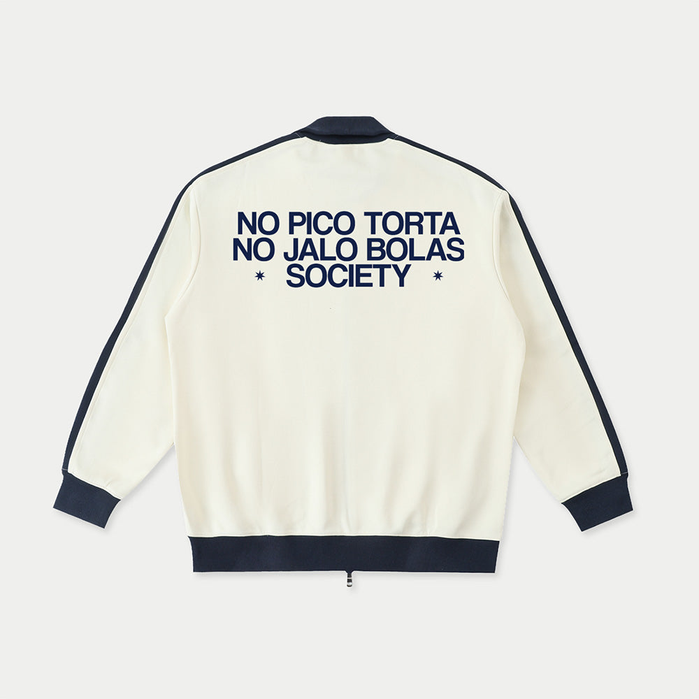 Back view of cream jacket with “No Pico Torta No Jalo Bolas Society” print