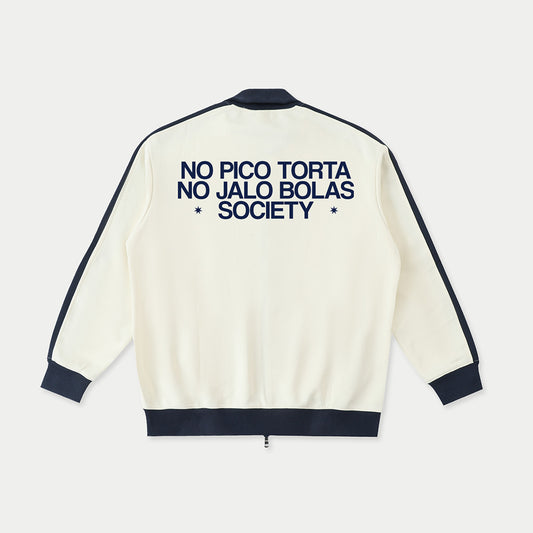 Back view of cream jacket with “No Pico Torta No Jalo Bolas Society” print