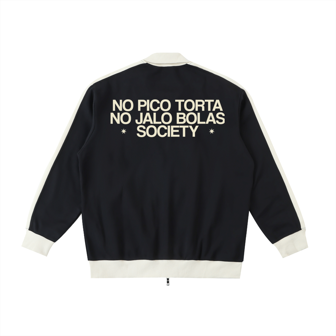Rear view of navy Caracas Merch jacket with cream “No Pico Torta No Jalo Bolas Society” graphic