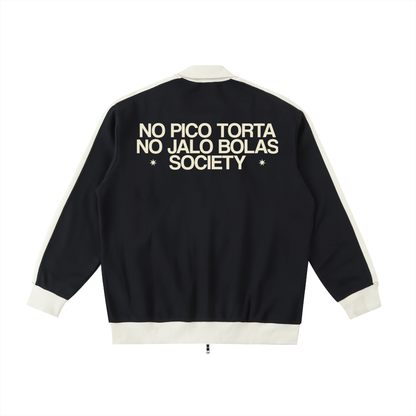 Rear view of navy Caracas Merch jacket with cream “No Pico Torta No Jalo Bolas Society” graphic