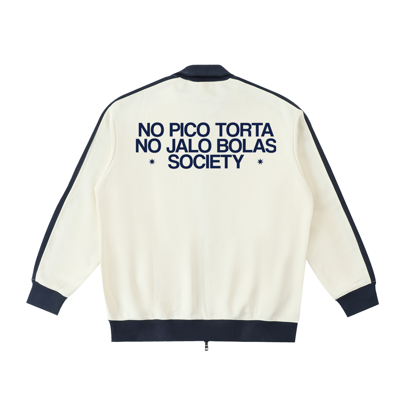 Back view of cream jacket with “No Pico Torta No Jalo Bolas Society” print