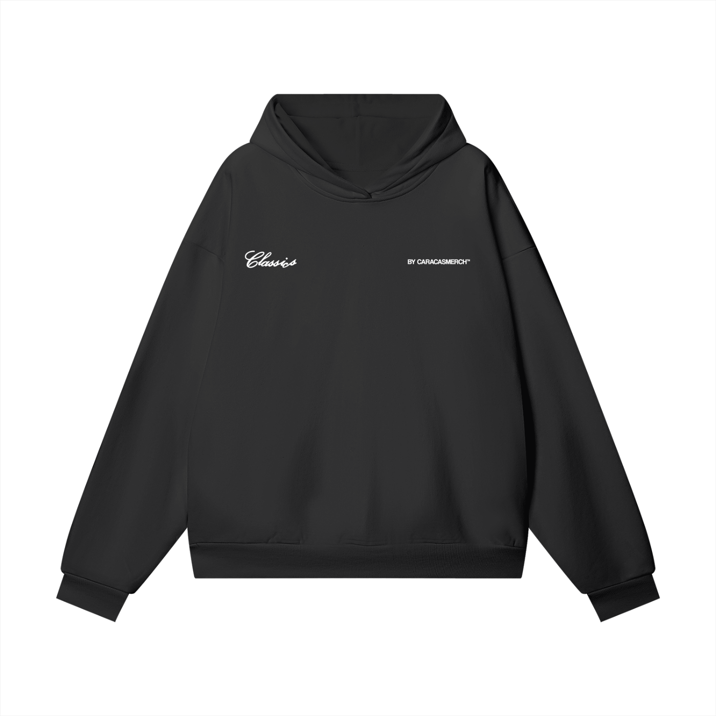 Black Venezuelan phrase hoodie by Caracas Merch front view