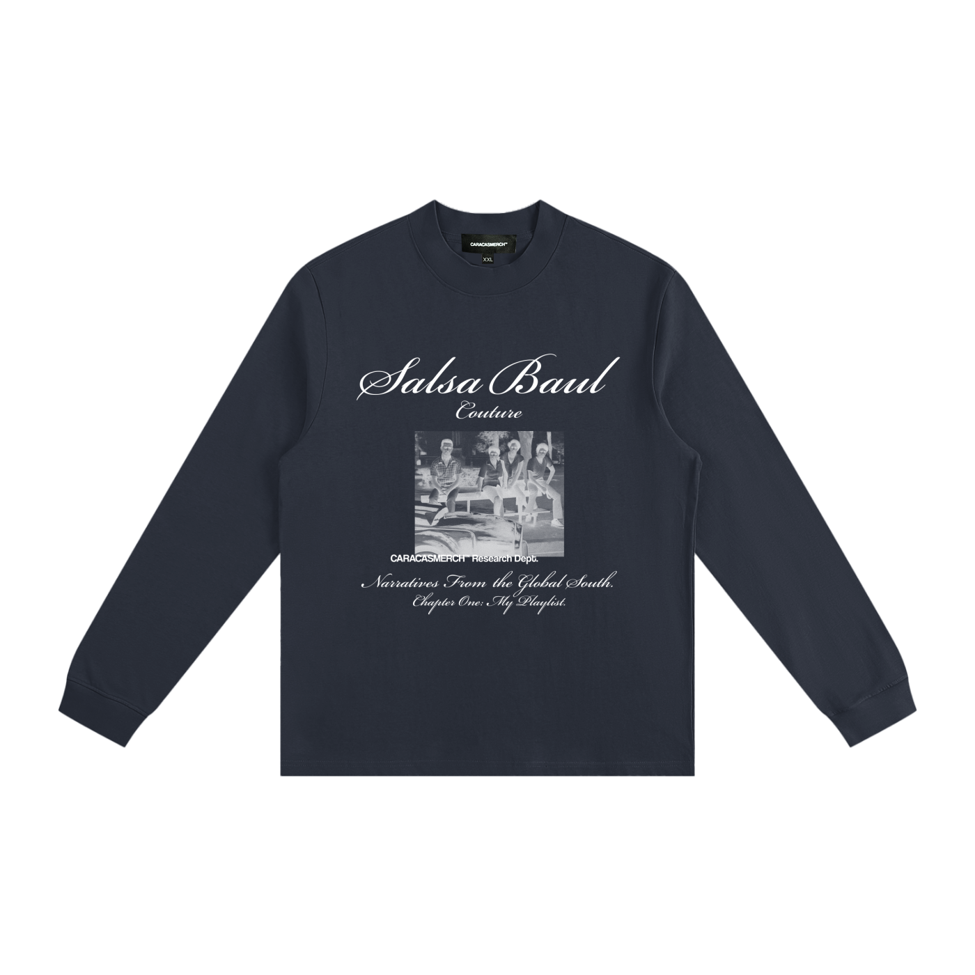 Navy Salsa Baúl long sleeve shirt with white graphic by Caracas Merch