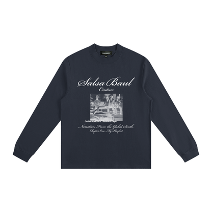 Navy Salsa Baúl long sleeve shirt with white graphic by Caracas Merch