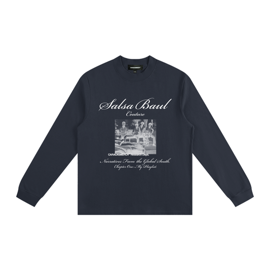 Navy Salsa Baúl long sleeve shirt with white graphic by Caracas Merch