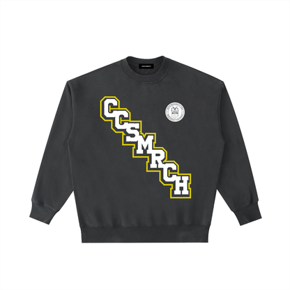 Front view of dark Caracas Merch crewneck with CCSMRCH varsity graphic