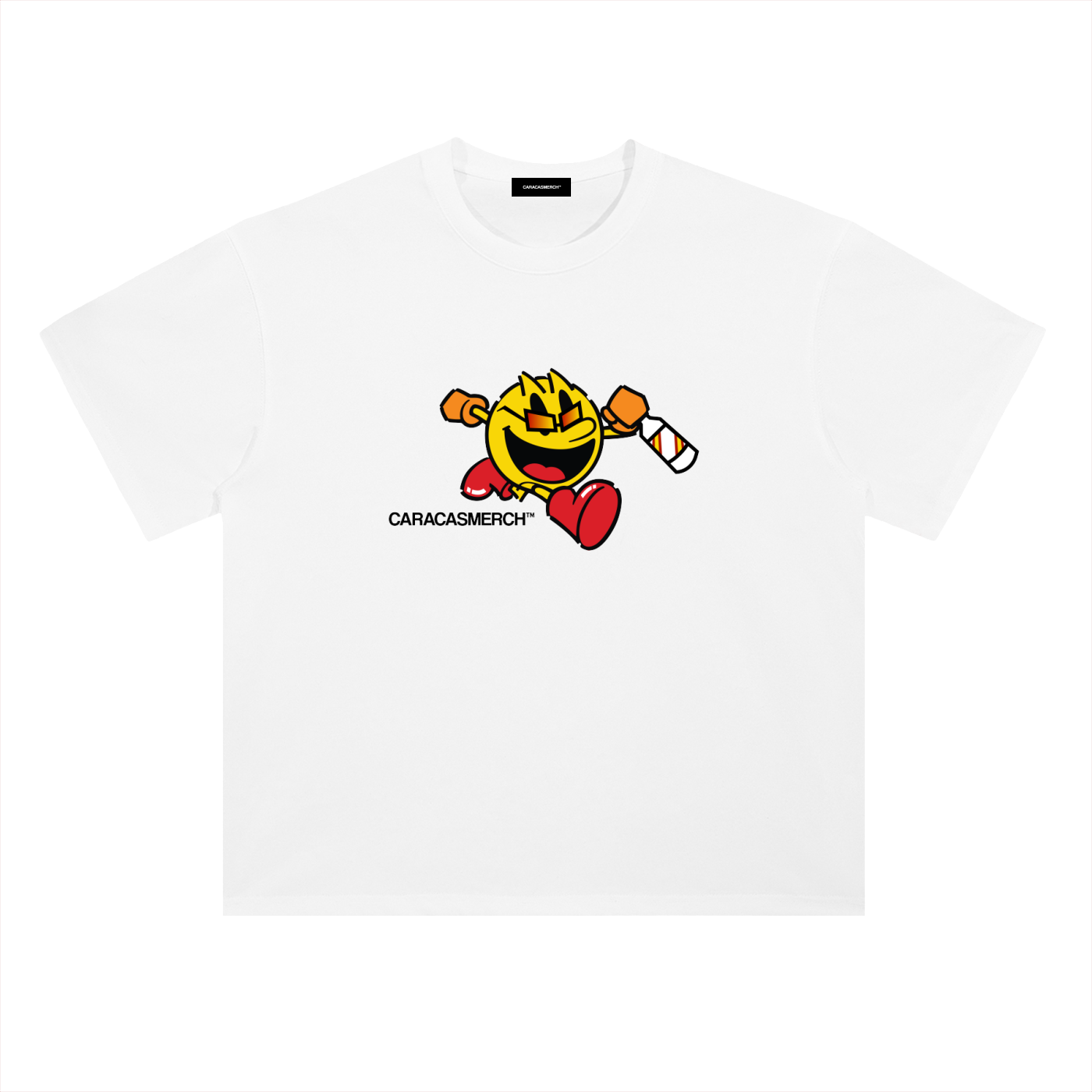 White oversized t-shirt front view with cartoon running character graphic holding a bottle and Caracas Merch logo underneath