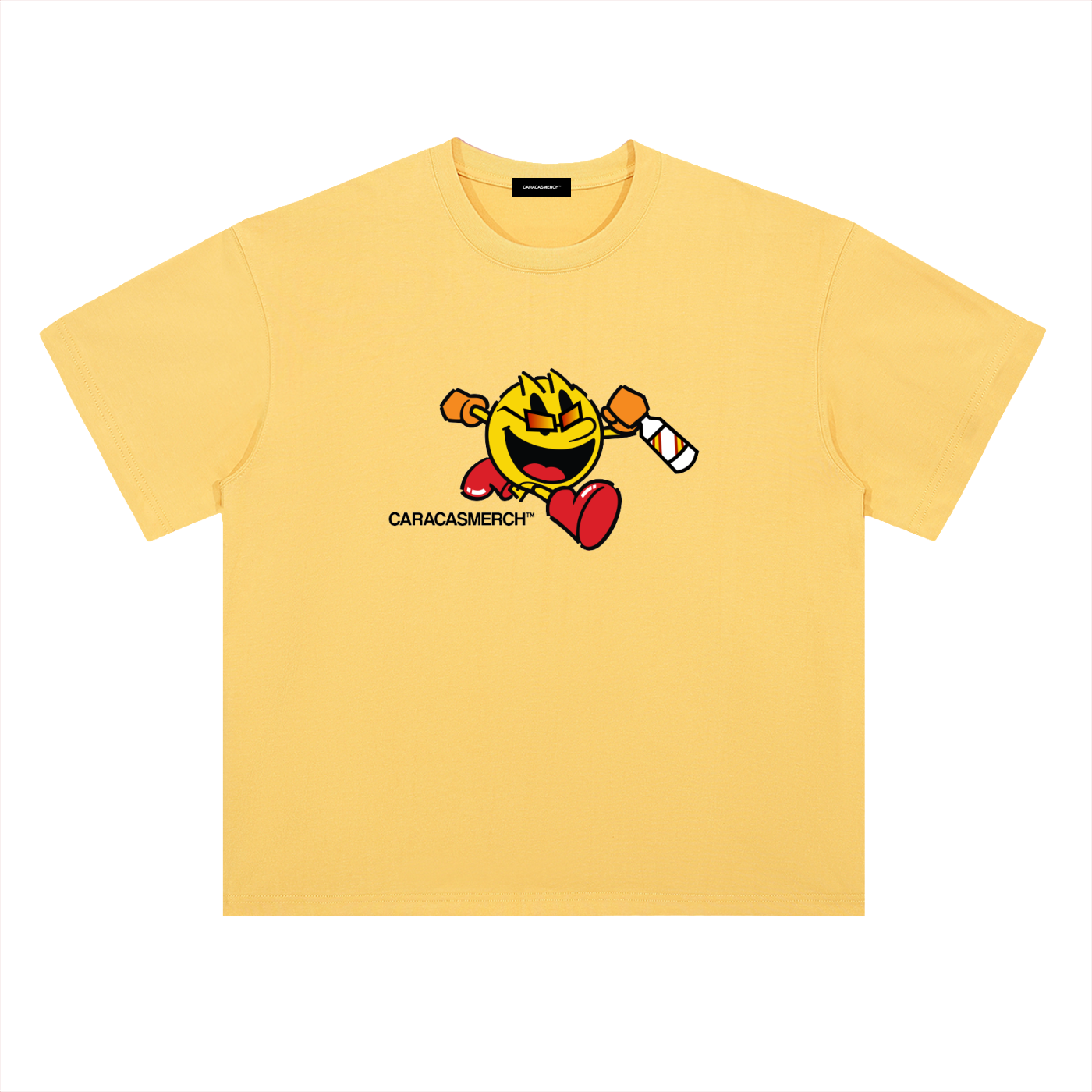 Yellow oversized t-shirt front view with cartoon running character graphic holding a bottle and Caracas Merch logo underneath