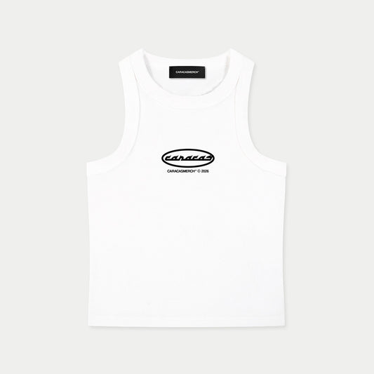 White Caracas graphic tank top front view