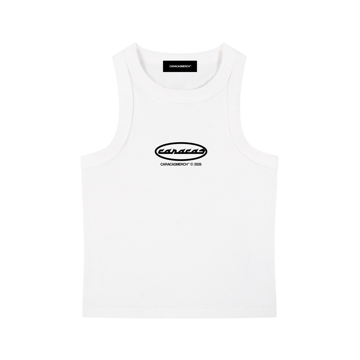 White Caracas graphic tank top front view