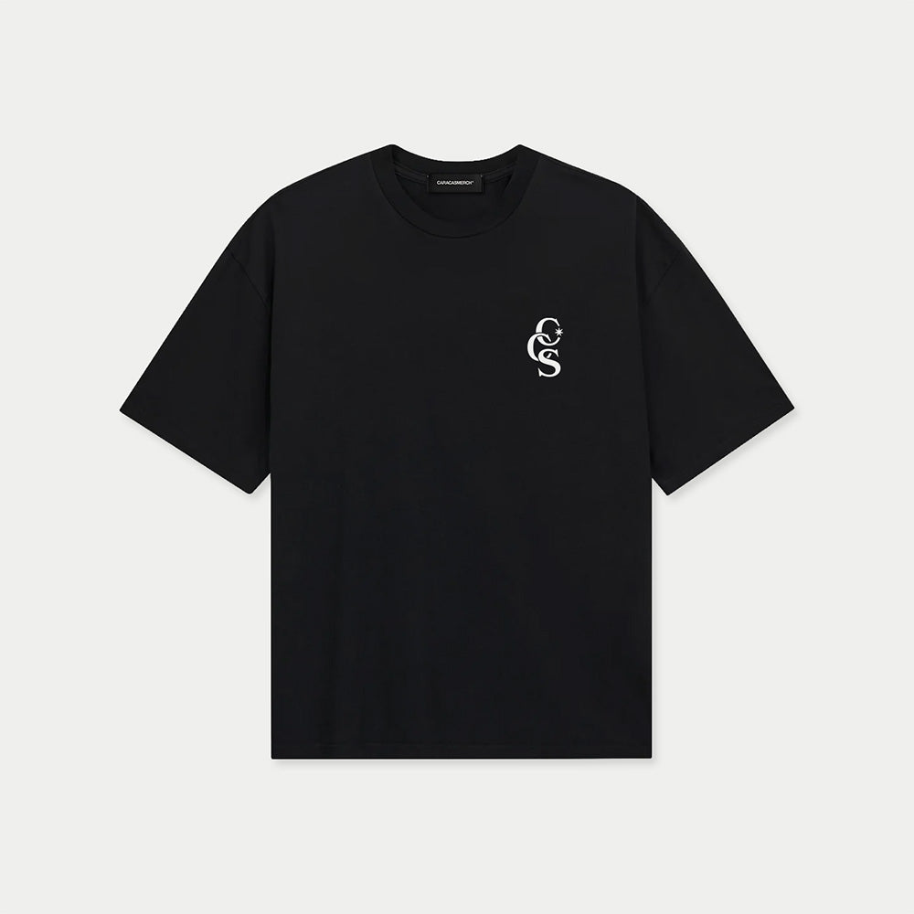 Front flat view of black CCS t-shirt by Caracas Merch
