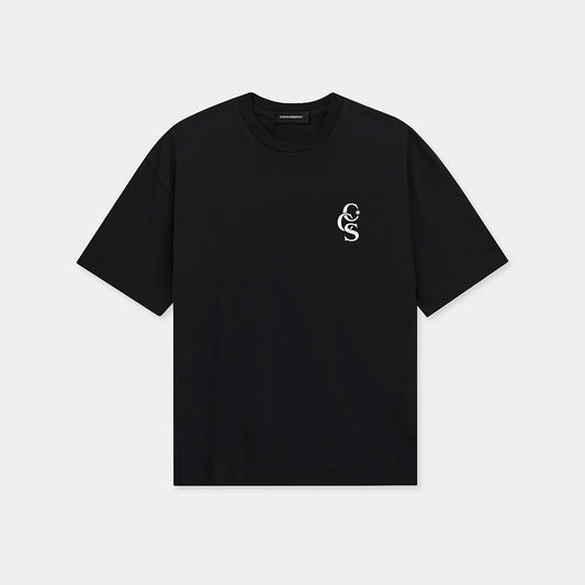 Front flat view of black CCS t-shirt by Caracas Merch
