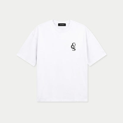 Front flat view of white CCS t-shirt by Caracas Merch