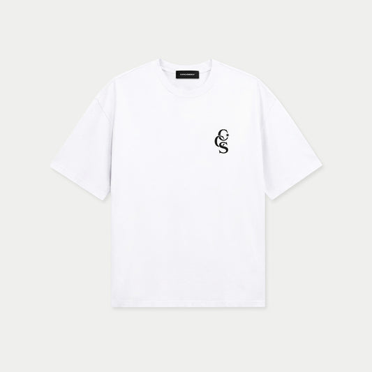 Front flat view of white CCS t-shirt by Caracas Merch