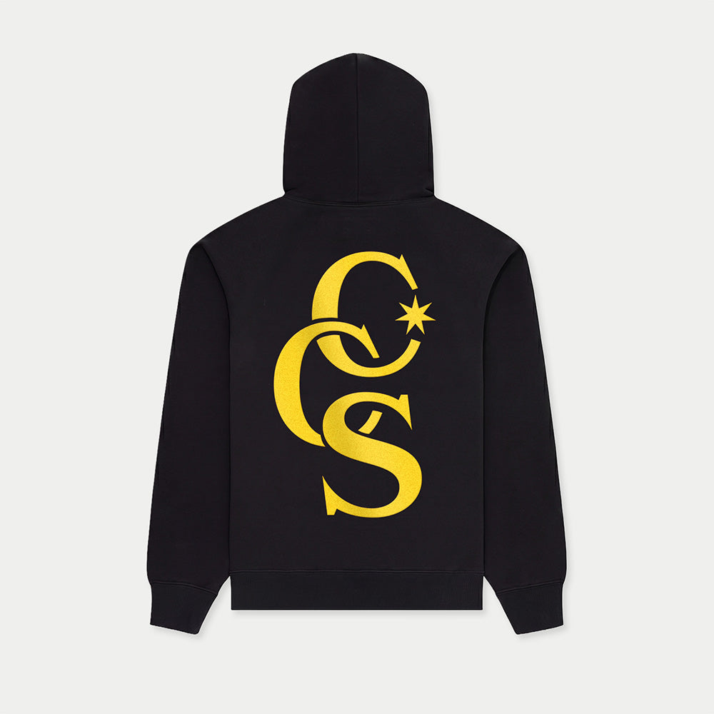 CCS Monogram Hoodie black with yellow back print Caracas Merch streetwear hoodie
