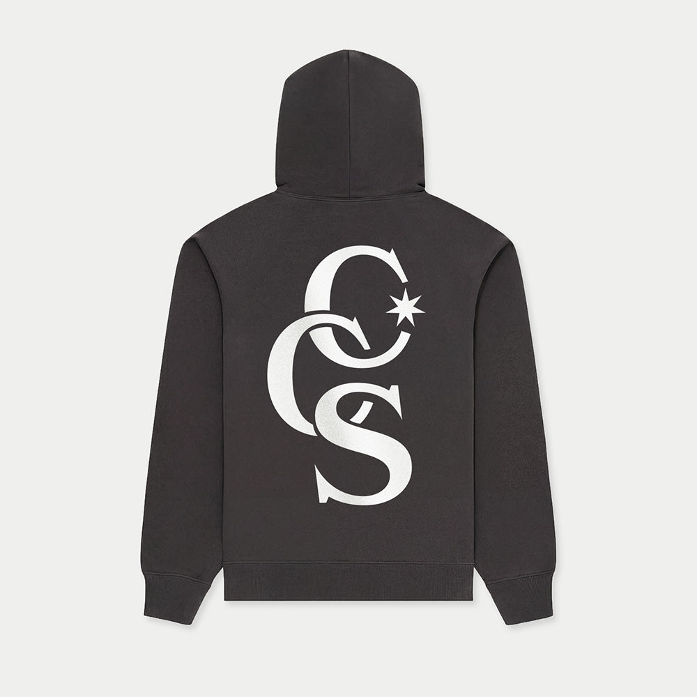 Back view of CCS Caracas heavyweight black graphic hoodie