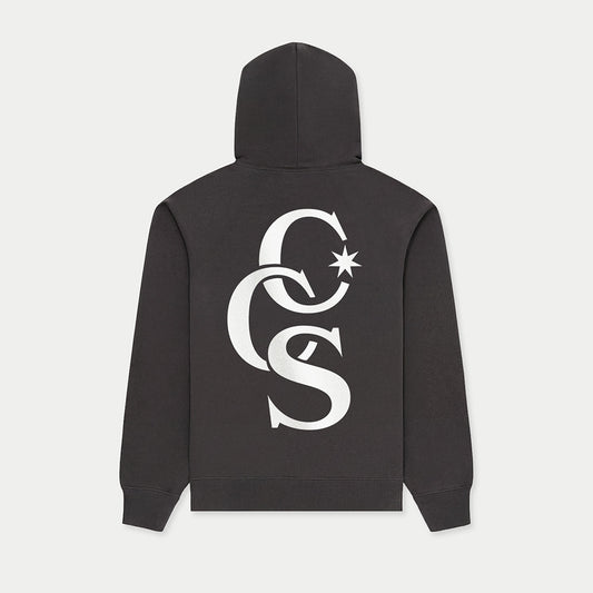 Back view of CCS Caracas heavyweight black graphic hoodie