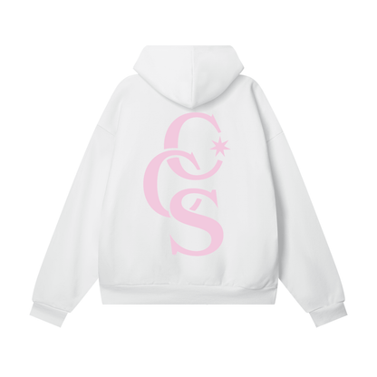 CCS Monogram Hoodie white with pink back print Caracas Merch streetwear hoodie