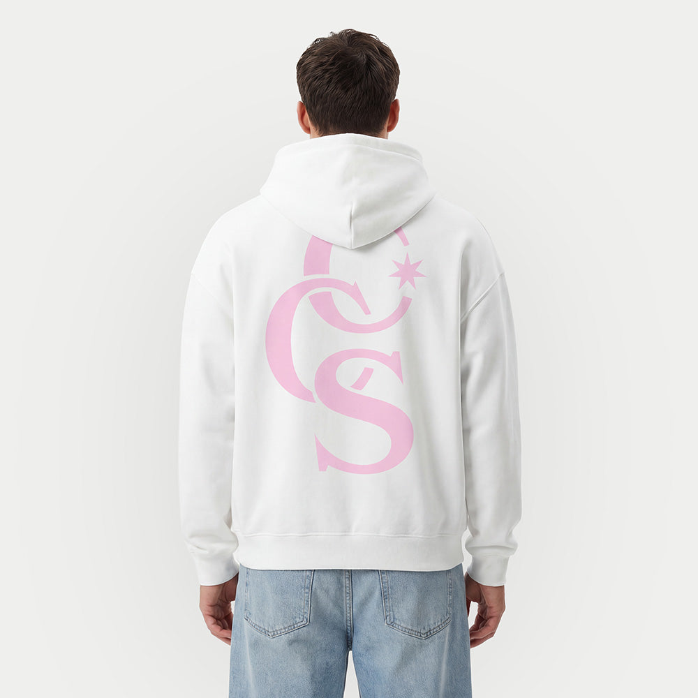 model wearing CCS Monogram Hoodie white with pink back print Caracas Merch streetwear hoodie