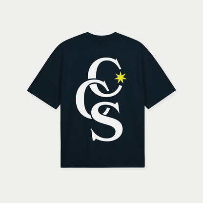 Back view of navy CCS logo graphic t-shirt by Caracas Merch
