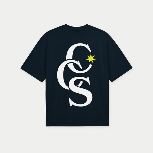 Back view of navy CCS logo graphic t-shirt by Caracas Merch