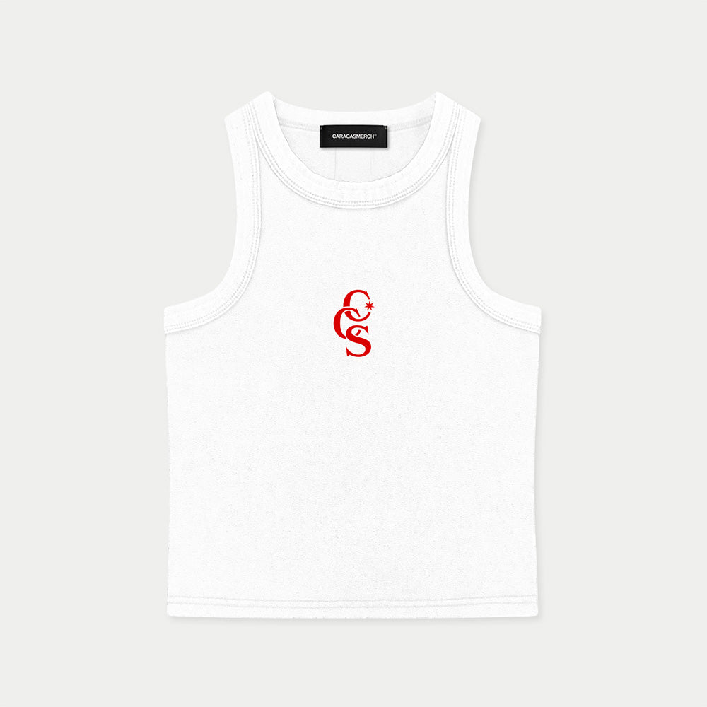 Front flat view of white CCS classic tank top by Caracas Merch