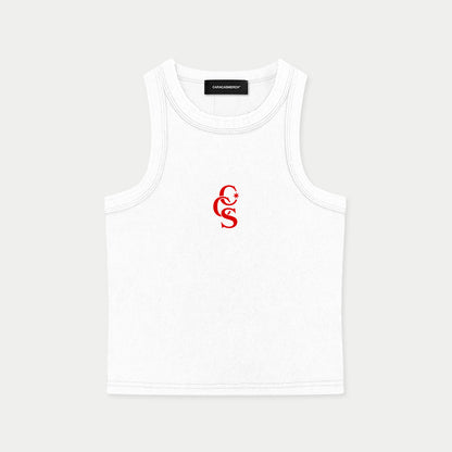 Front flat view of white CCS classic tank top by Caracas Merch