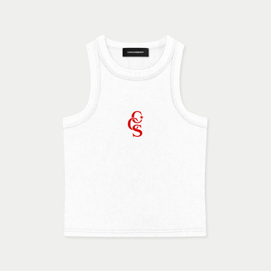 Front flat view of white CCS classic tank top by Caracas Merch