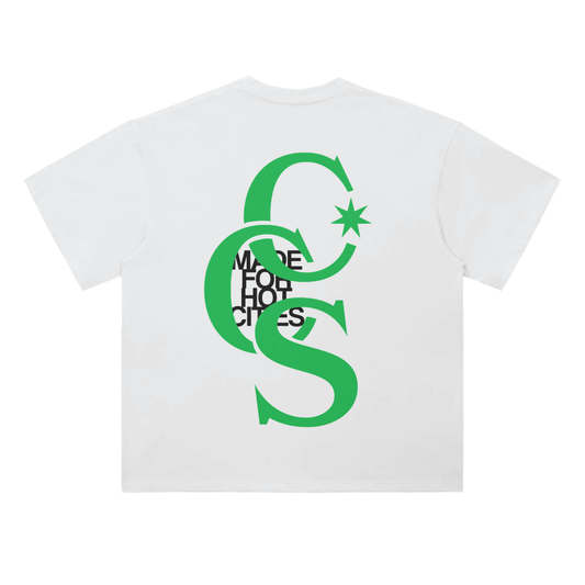 Back view of white CCS graphic t-shirt with green print by Caracas Merch