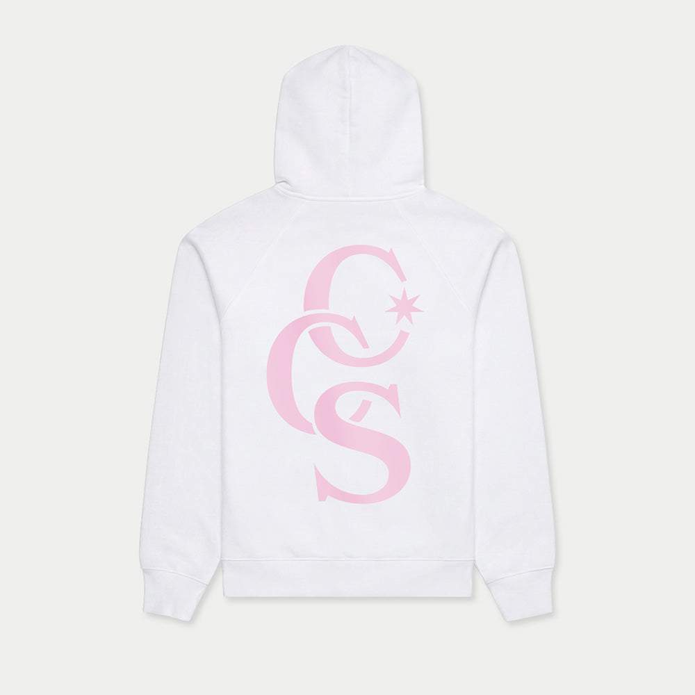 CCS Monogram Hoodie white with pink back print Caracas Merch streetwear hoodie