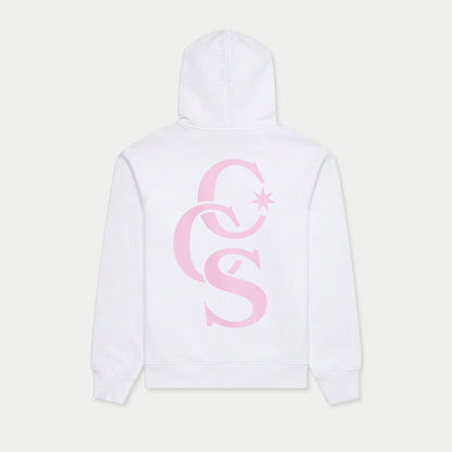 CCS Monogram Hoodie white with pink back print Caracas Merch streetwear hoodie