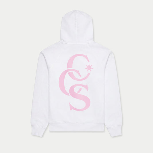 CCS Monogram Hoodie white with pink back print Caracas Merch streetwear hoodie