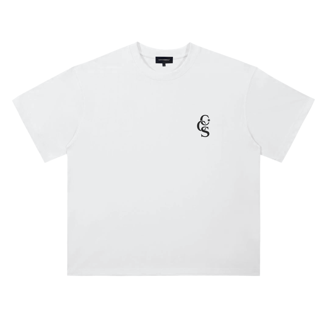 Front flat view of white CCS t-shirt by Caracas Merch