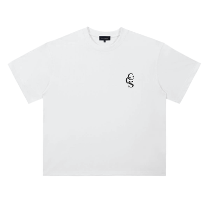Front flat view of white CCS t-shirt by Caracas Merch
