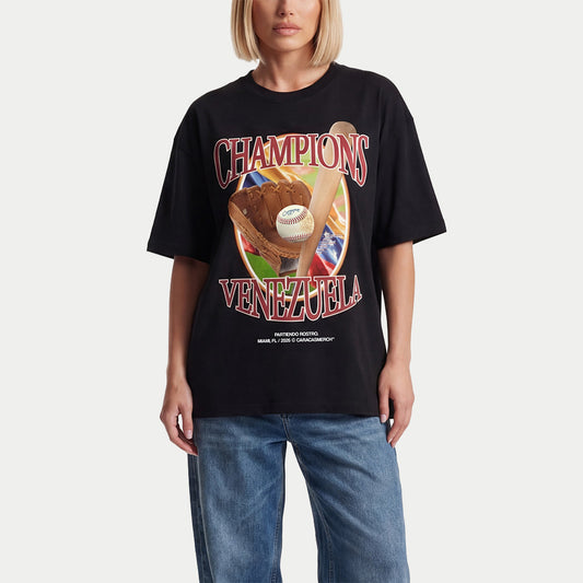 Female model with Venezuela baseball champions black tee 2026 vintage baseball graphic shirt