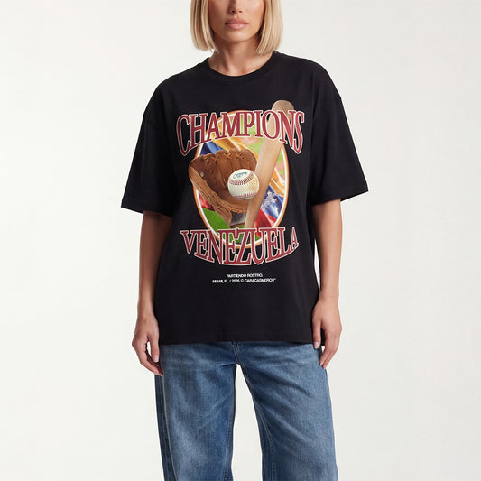 Female model with Venezuela baseball champions black tee 2026 vintage baseball graphic shirt