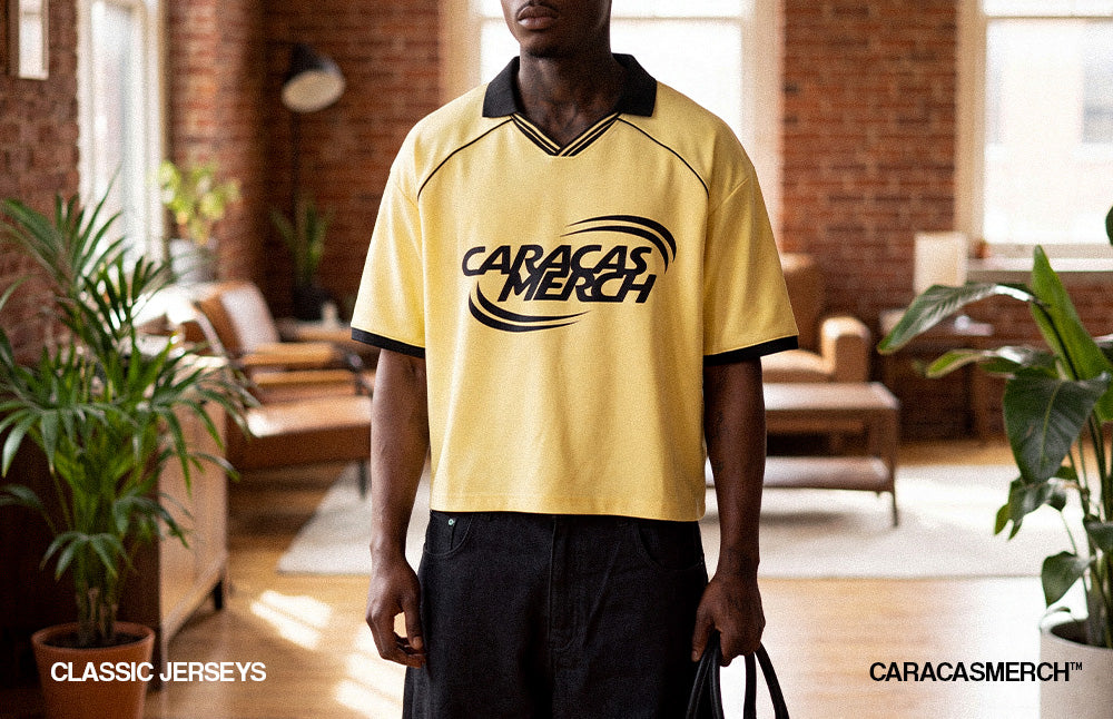 Model wearing classic jersey by caracas merch