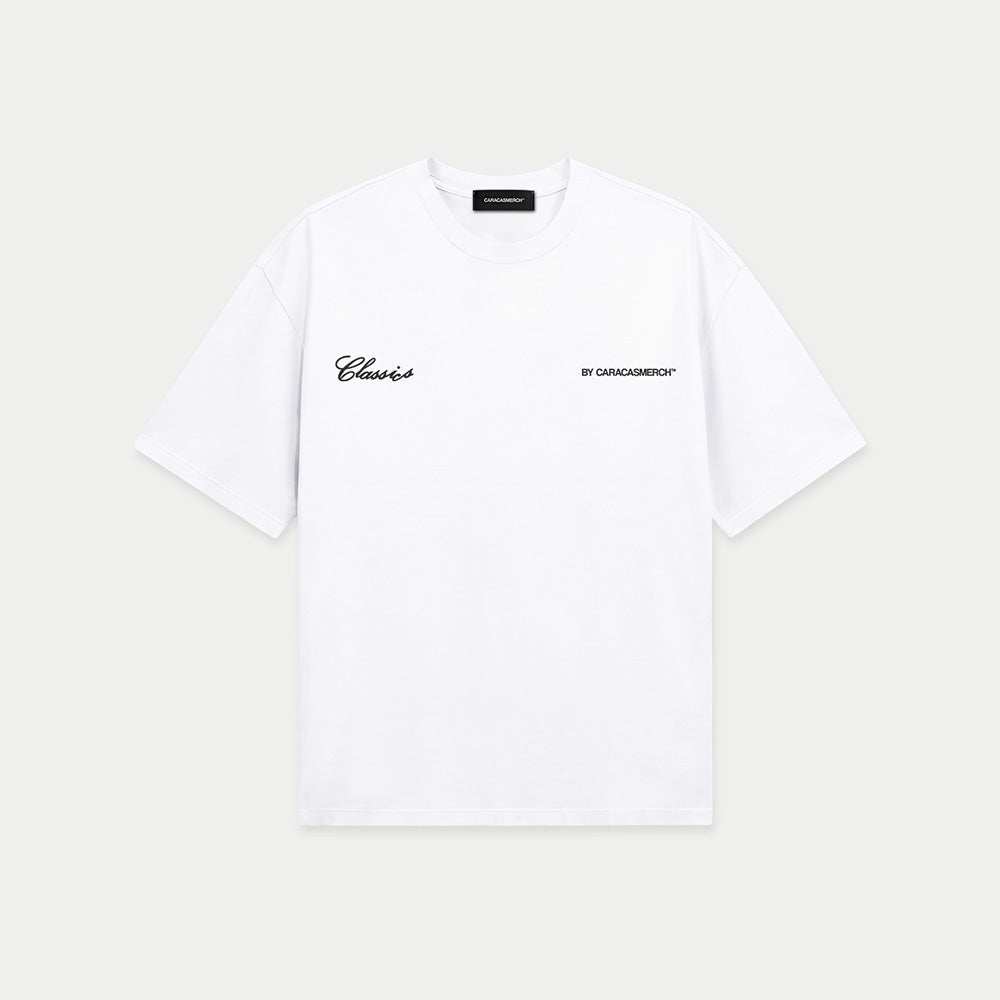 front view of venezuelan classics white graphic t-shirt by Caracas Merch