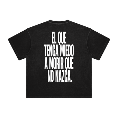 Black oversized t-shirt with El que tenga miedo a morir que no nazca Spanish statement print